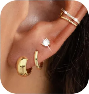 Gold Stud Hoop Earrings Set for Women, Dainty 14K Gold/Silver Plated Cartilage Earrings Hypoallergenic Trendy Ear Cuffs Chain Earrings Fashion Jewelry for Women Gifts