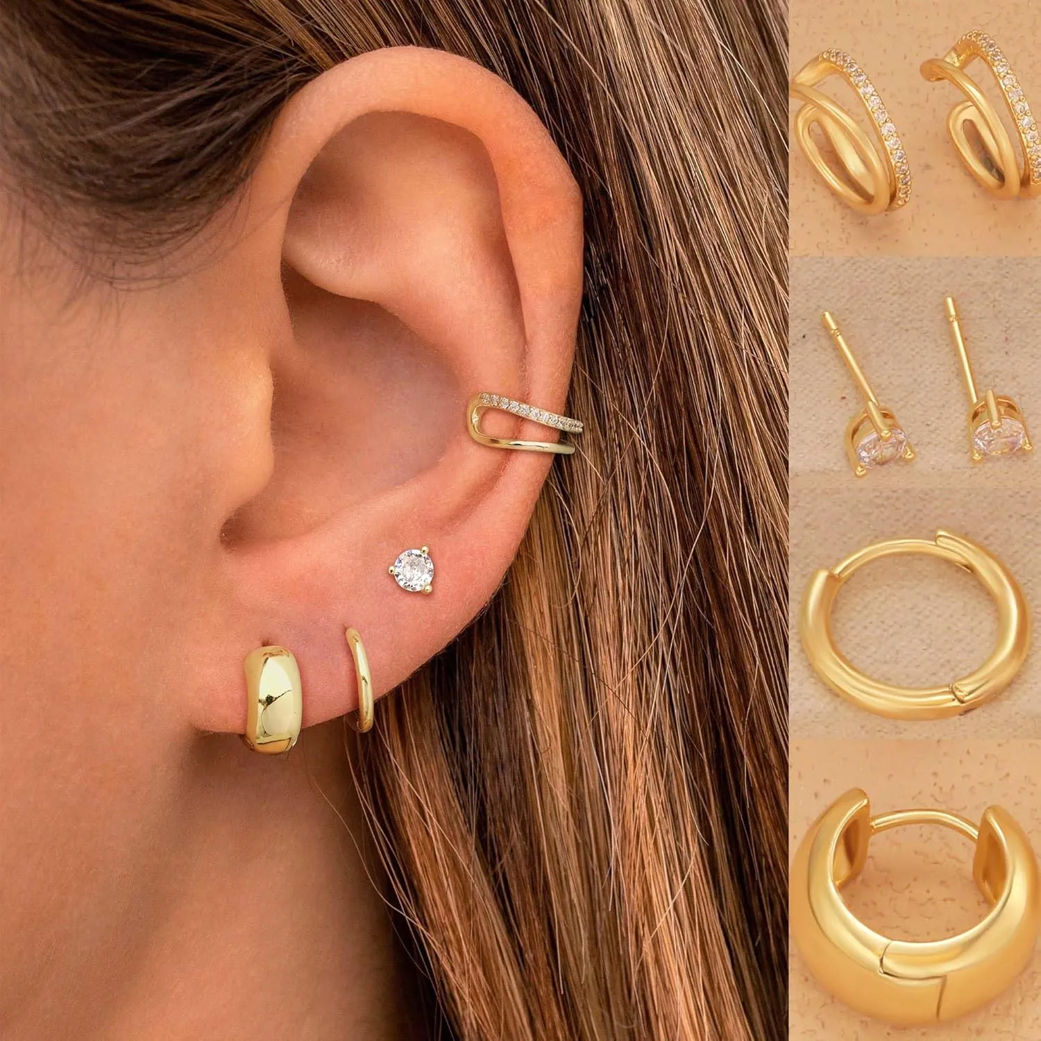 Gold Stud Hoop Earrings Set for Women, Dainty 14K Gold/Silver Plated Cartilage Earrings Hypoallergenic Trendy Ear Cuffs Chain Earrings Fashion Jewelry for Women Gifts