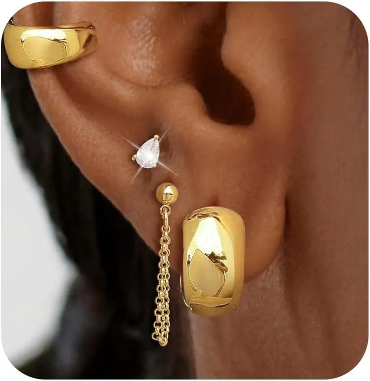 Gold Stud Hoop Earrings Set for Women, Dainty 14K Gold/Silver Plated Cartilage Earrings Hypoallergenic Trendy Ear Cuffs Chain Earrings Fashion Jewelry for Women Gifts