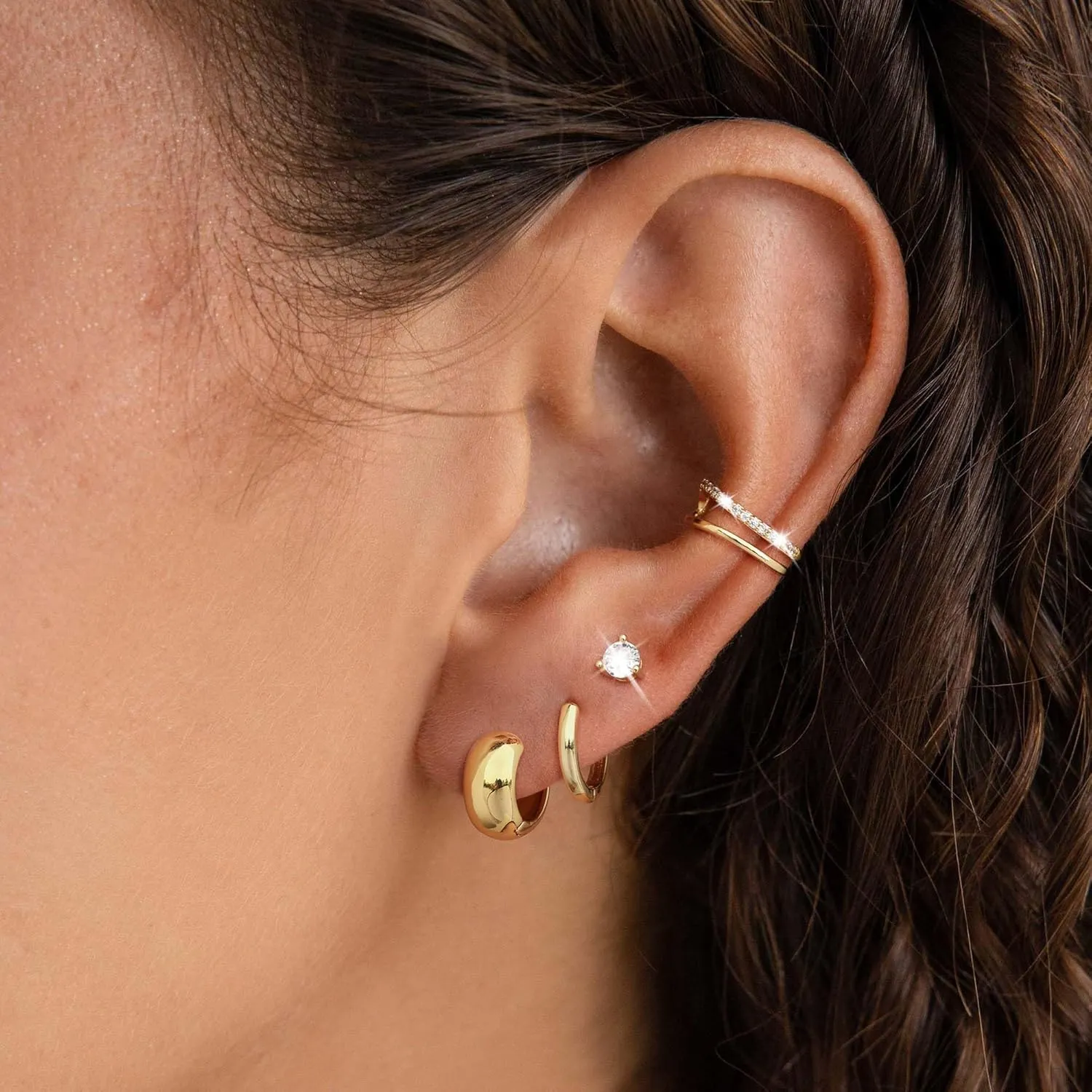 Gold Stud Hoop Earrings Set for Women, Dainty 14K Gold/Silver Plated Cartilage Earrings Hypoallergenic Trendy Ear Cuffs Chain Earrings Fashion Jewelry for Women Gifts