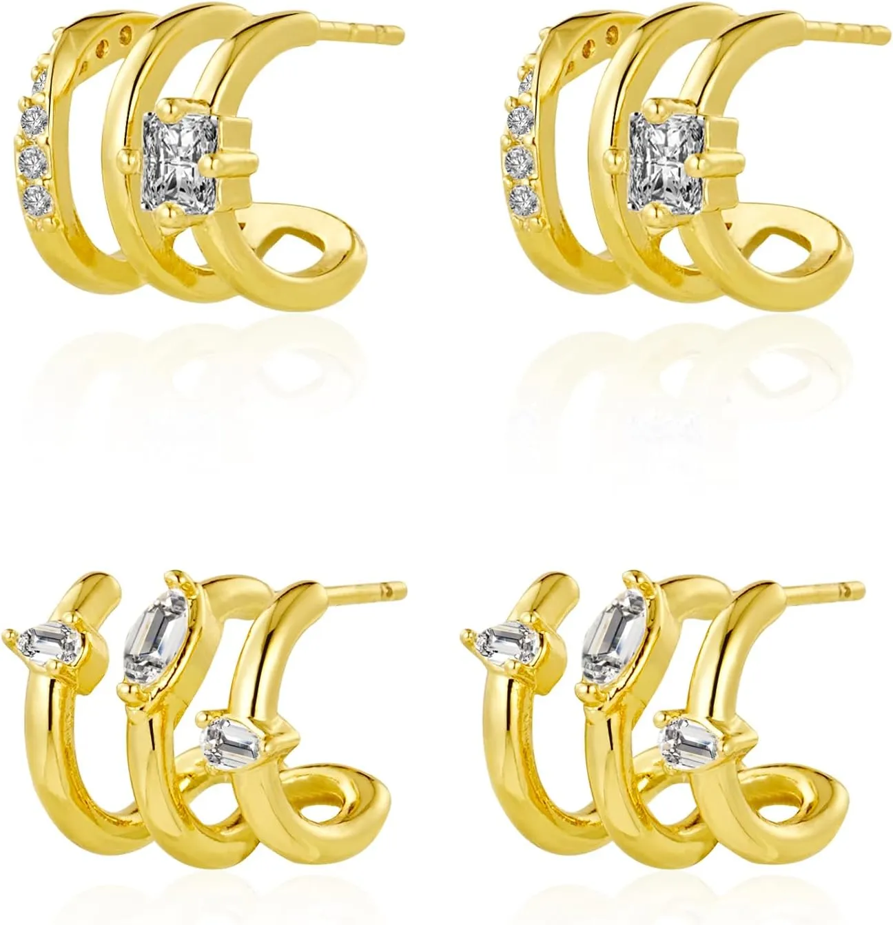 Gold Triple Hoop Illusion Stud Earrings, 14K Chunky Gold Plated Hoop Earrings Cuff Earrings for Women Trendy, Hypoallergenic Earrings Set Jewelry Gift