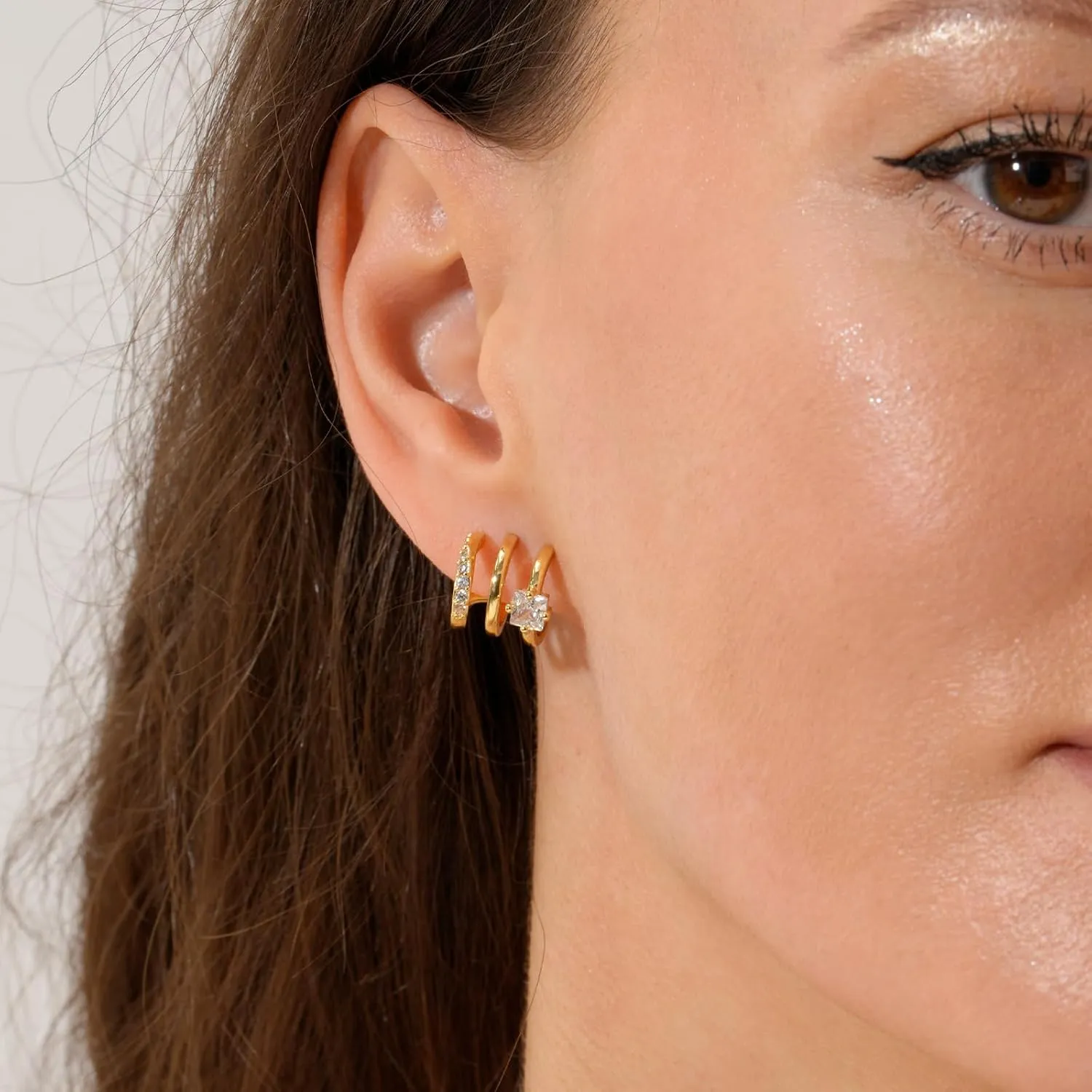 Gold Triple Hoop Illusion Stud Earrings, 14K Chunky Gold Plated Hoop Earrings Cuff Earrings for Women Trendy, Hypoallergenic Earrings Set Jewelry Gift