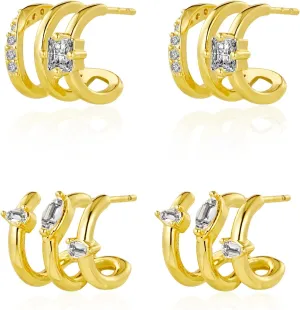 Gold Triple Hoop Illusion Stud Earrings, 14K Chunky Gold Plated Hoop Earrings Cuff Earrings for Women Trendy, Hypoallergenic Earrings Set Jewelry Gift