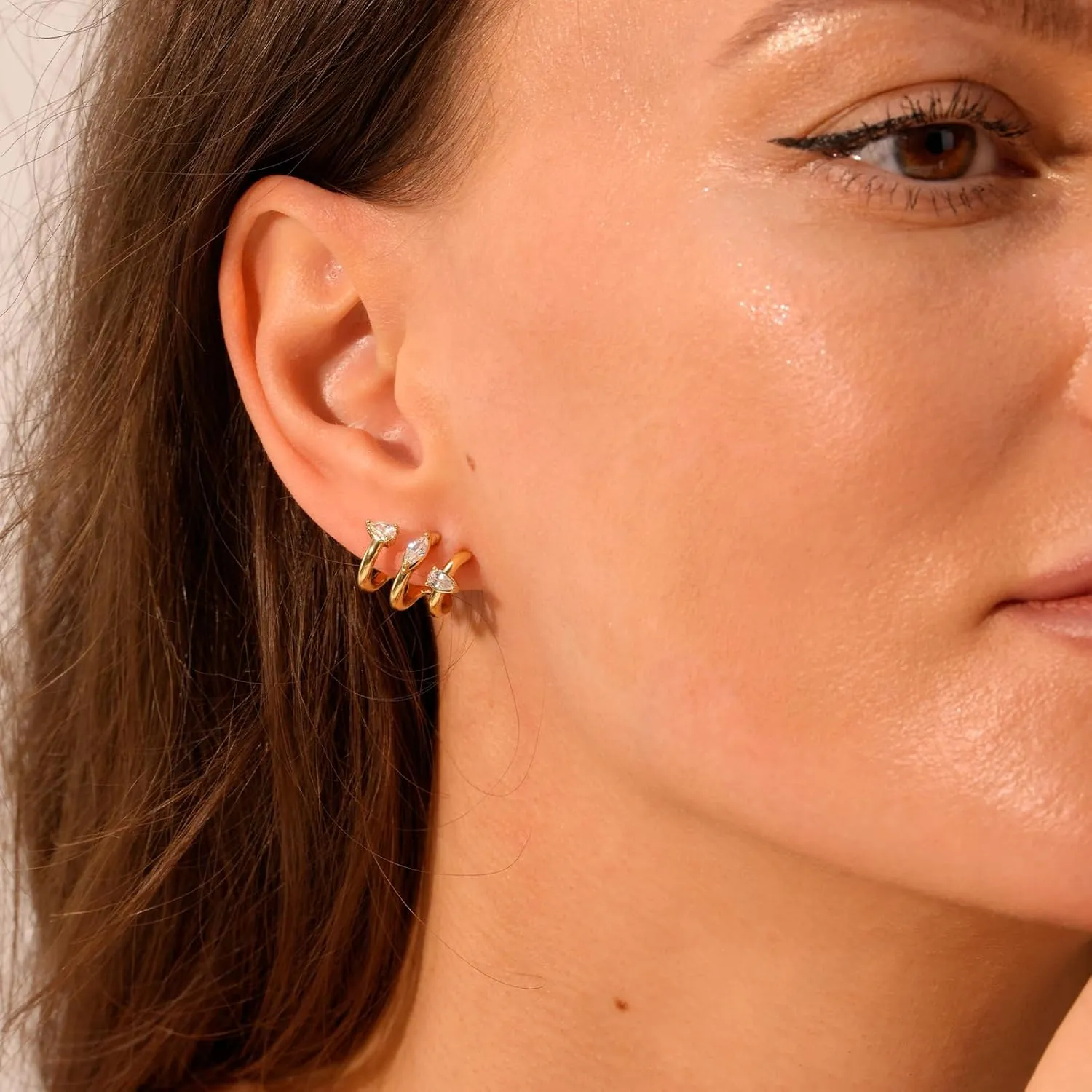 Gold Triple Hoop Illusion Stud Earrings, 14K Chunky Gold Plated Hoop Earrings Cuff Earrings for Women Trendy, Hypoallergenic Earrings Set Jewelry Gift