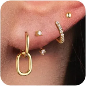 Gold/Silver Hoop Earrings for Women,Dainty 14k Gold/Silver Plated Small CZ Diamond Dangle Drop Earrings for Women Trendy Lightweight Jewelry Set