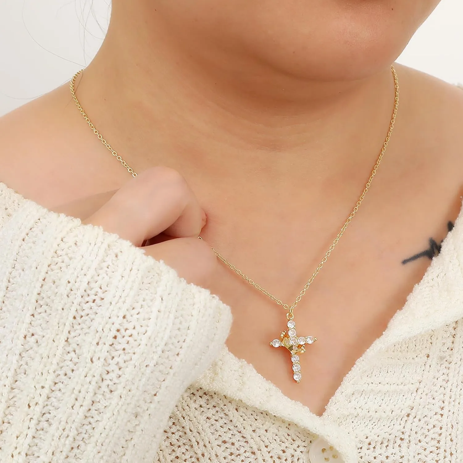 Gold/Silver/Rosegold Plated Cubic Zirconia Cross Necklace for Women,Cross Charm Necklace Waterproof Jewelry for Women