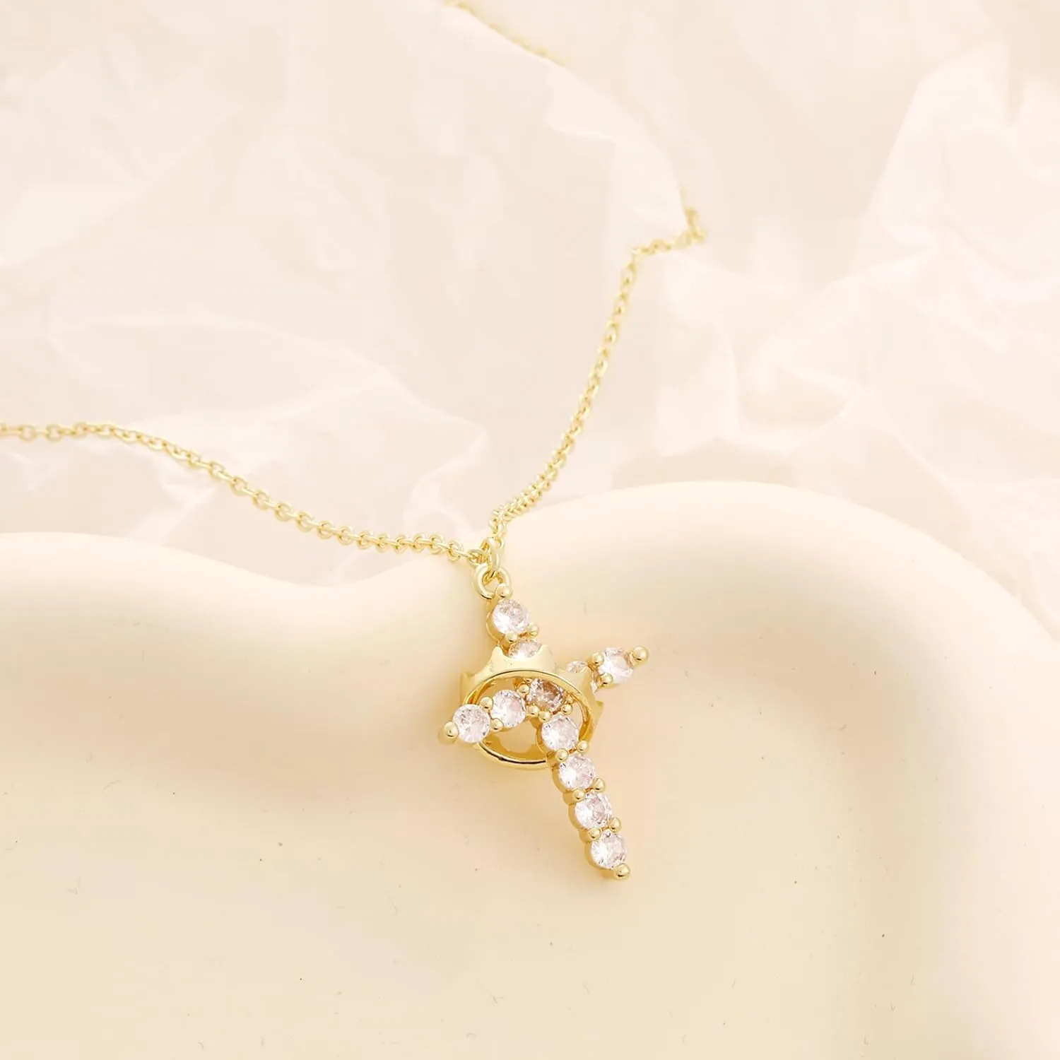 Gold/Silver/Rosegold Plated Cubic Zirconia Cross Necklace for Women,Cross Charm Necklace Waterproof Jewelry for Women