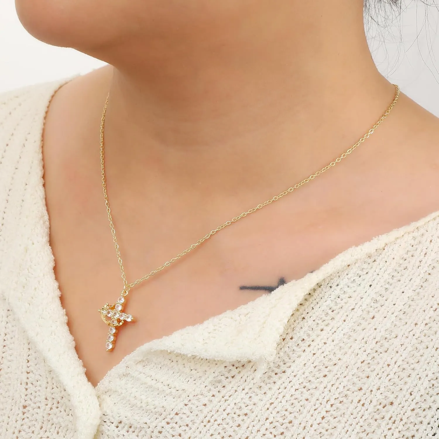 Gold/Silver/Rosegold Plated Cubic Zirconia Cross Necklace for Women,Cross Charm Necklace Waterproof Jewelry for Women