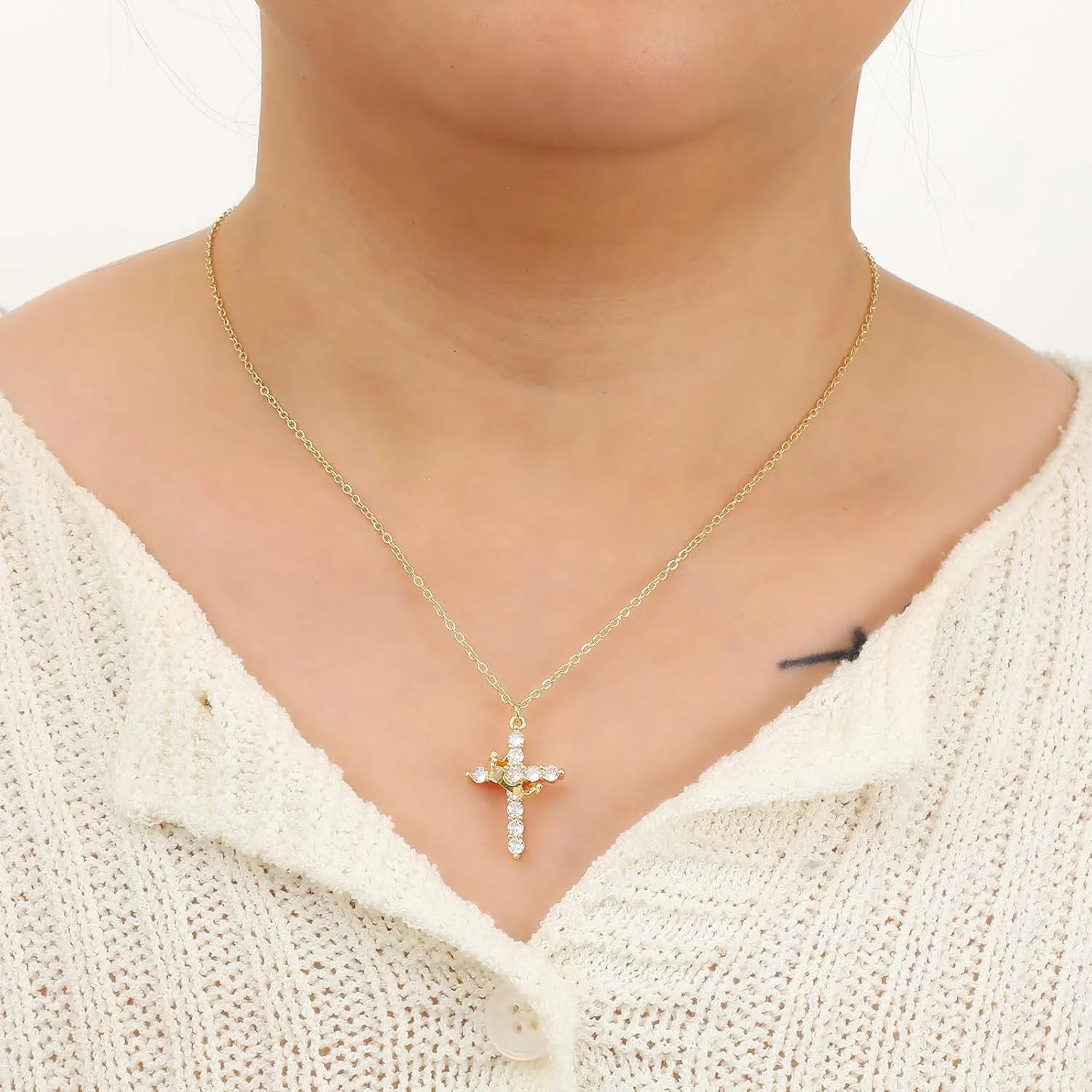 Gold/Silver/Rosegold Plated Cubic Zirconia Cross Necklace for Women,Cross Charm Necklace Waterproof Jewelry for Women