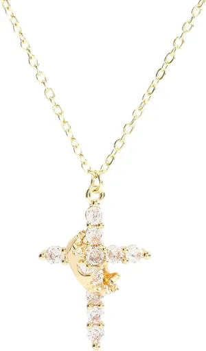 Gold/Silver/Rosegold Plated Cubic Zirconia Cross Necklace for Women,Cross Charm Necklace Waterproof Jewelry for Women