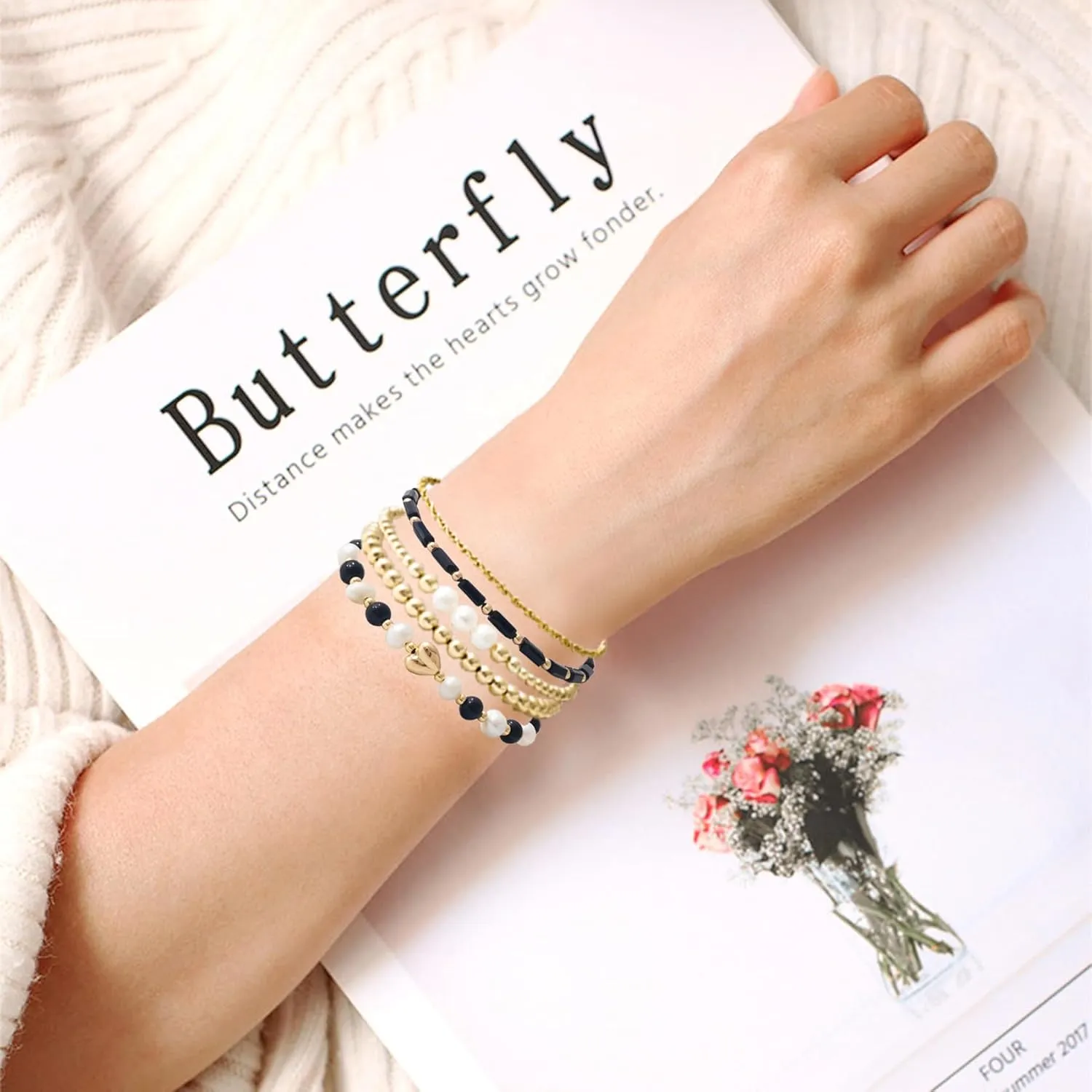 GOOJIDS Tiny Pearl Gold Heart Beaded Bracelets For Women Dainty Gold Plated Pearls Stack Layered Beads Bracelet Gift set for MAMA Birthday Mother's Day