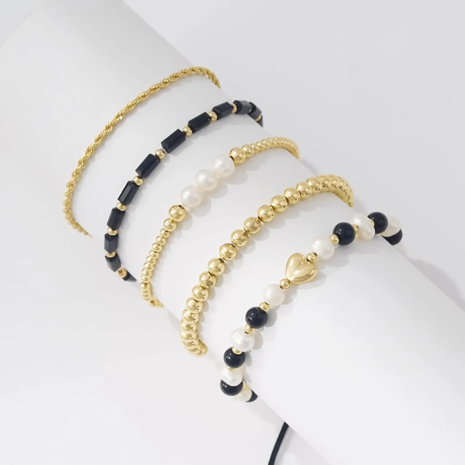 GOOJIDS Tiny Pearl Gold Heart Beaded Bracelets For Women Dainty Gold Plated Pearls Stack Layered Beads Bracelet Gift set for MAMA Birthday Mother's Day