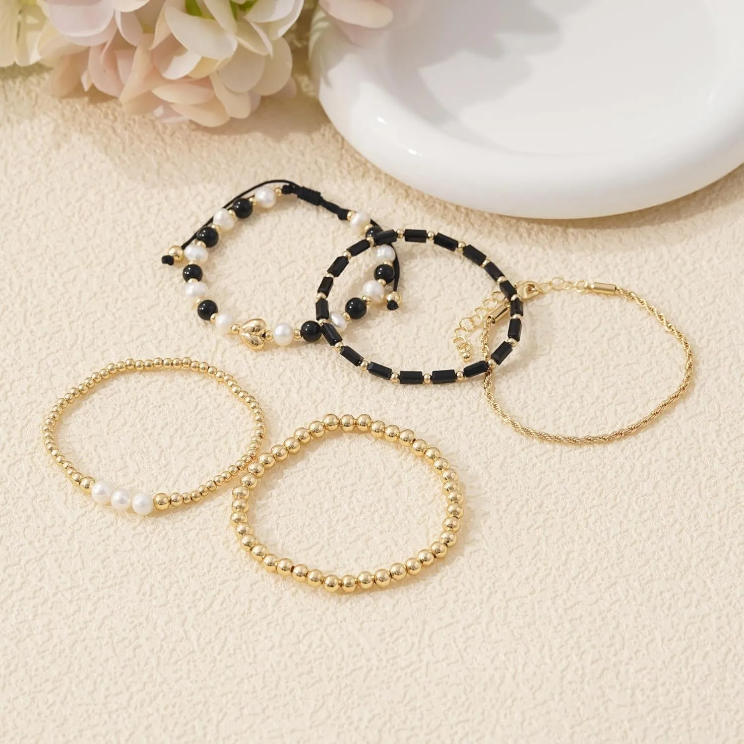 GOOJIDS Tiny Pearl Gold Heart Beaded Bracelets For Women Dainty Gold Plated Pearls Stack Layered Beads Bracelet Gift set for MAMA Birthday Mother's Day