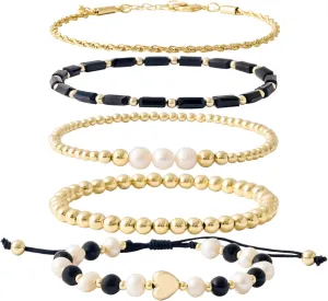 GOOJIDS Tiny Pearl Gold Heart Beaded Bracelets For Women Dainty Gold Plated Pearls Stack Layered Beads Bracelet Gift set for MAMA Birthday Mother's Day