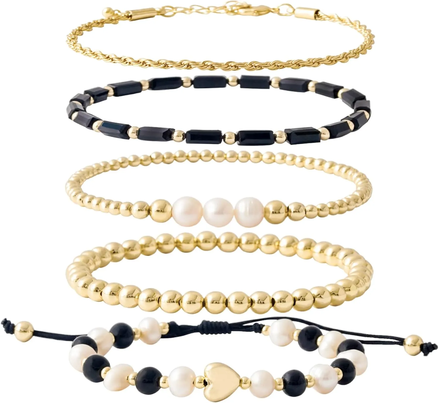 GOOJIDS Tiny Pearl Gold Heart Beaded Bracelets For Women Dainty Gold Plated Pearls Stack Layered Beads Bracelet Gift set for MAMA Birthday Mother's Day
