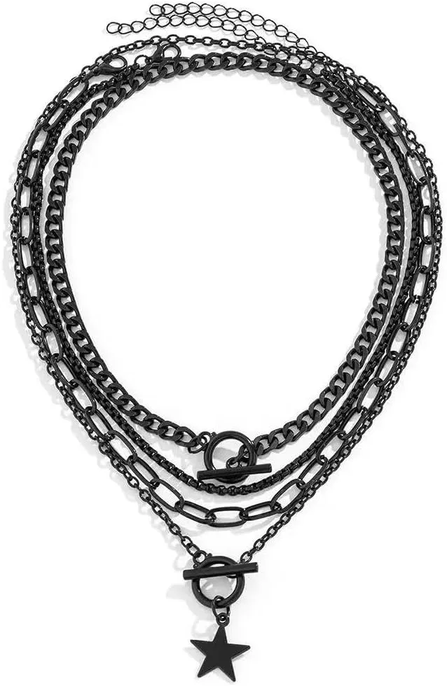 Goth Layered Black Star Choker Necklace Heart Star Coin Choker Adjustable Double Ot Clasp Toggle Necklaces Gothic Punk Emo Necklace Halloween Jewelry Gift for Women