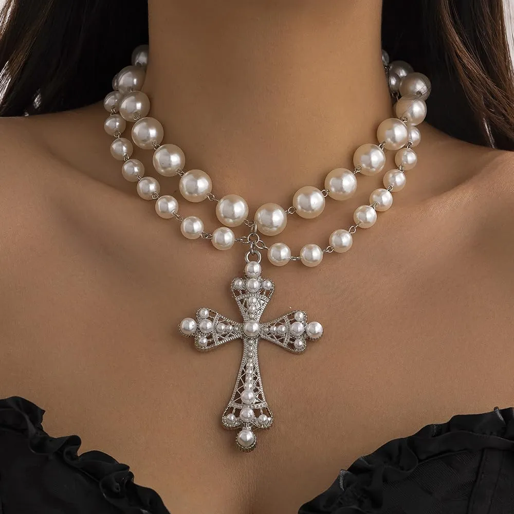 Gothic Cross Necklace Layered Pearl Beads Cross Pendant Necklaces Punk Vintage Cross Pearl Necklace Chunky Cross Choker Necklace for Women (White)