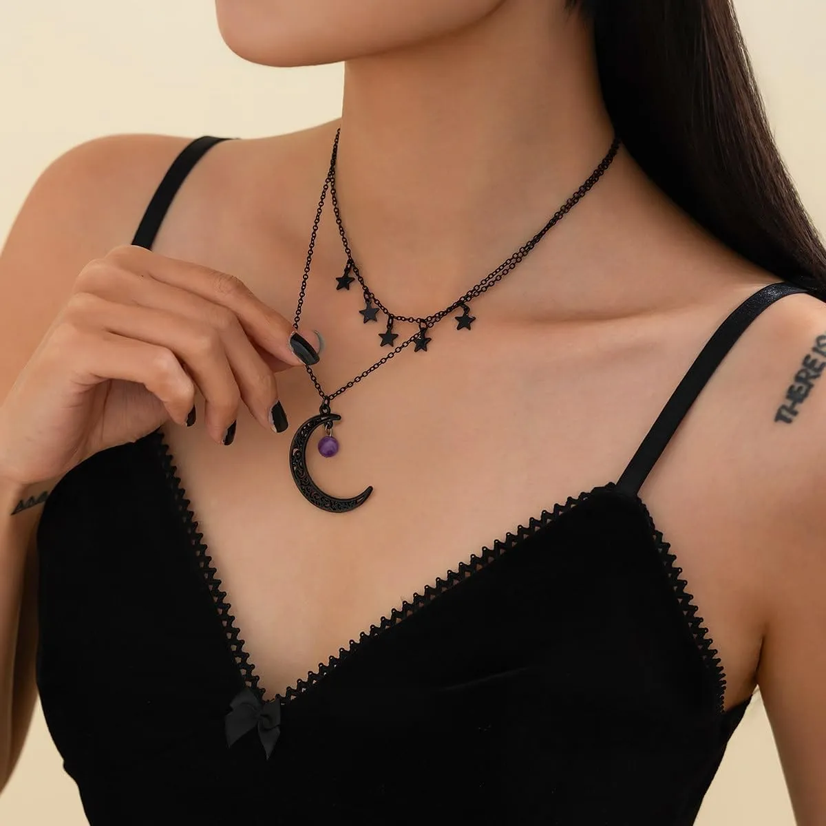 Gothic Moon Necklace Emo Goth Crescent Moon Witch Necklace Layered Black Choker Necklaces Halloween Accessorie Costume