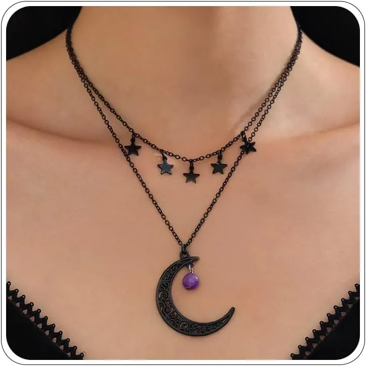 Gothic Moon Necklace Emo Goth Crescent Moon Witch Necklace Layered Black Choker Necklaces Halloween Accessorie Costume