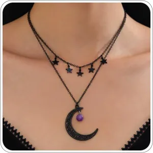 Gothic Moon Necklace Emo Goth Crescent Moon Witch Necklace Layered Black Choker Necklaces Halloween Accessorie Costume