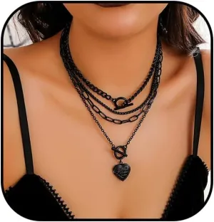 Gothic Moon Necklace Layered Black Star Necklace Punk Gothic Heart Long Necklace Halloween Necklace Multilayered Stacked Necklace for Women
