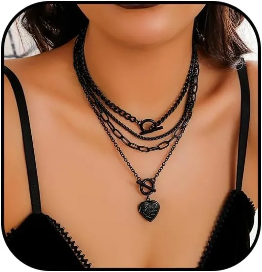 Gothic Moon Necklace Layered Black Star Necklace Punk Gothic Heart Long Necklace Halloween Necklace Multilayered Stacked Necklace for Women