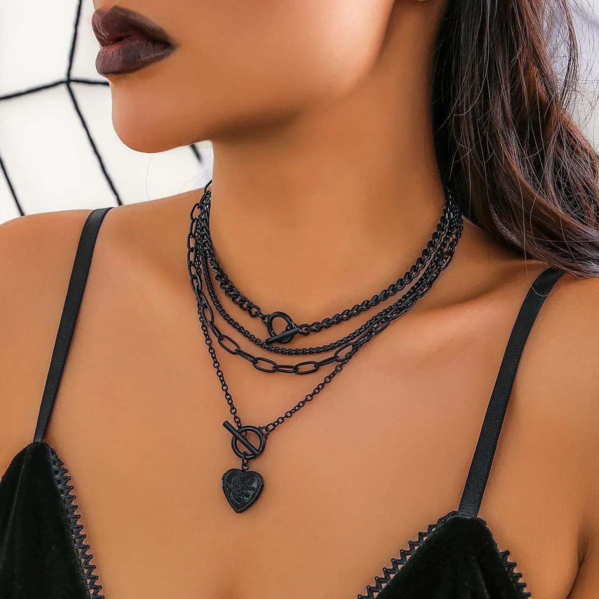 Gothic Moon Necklace Layered Black Star Necklace Punk Gothic Heart Long Necklace Halloween Necklace Multilayered Stacked Necklace for Women