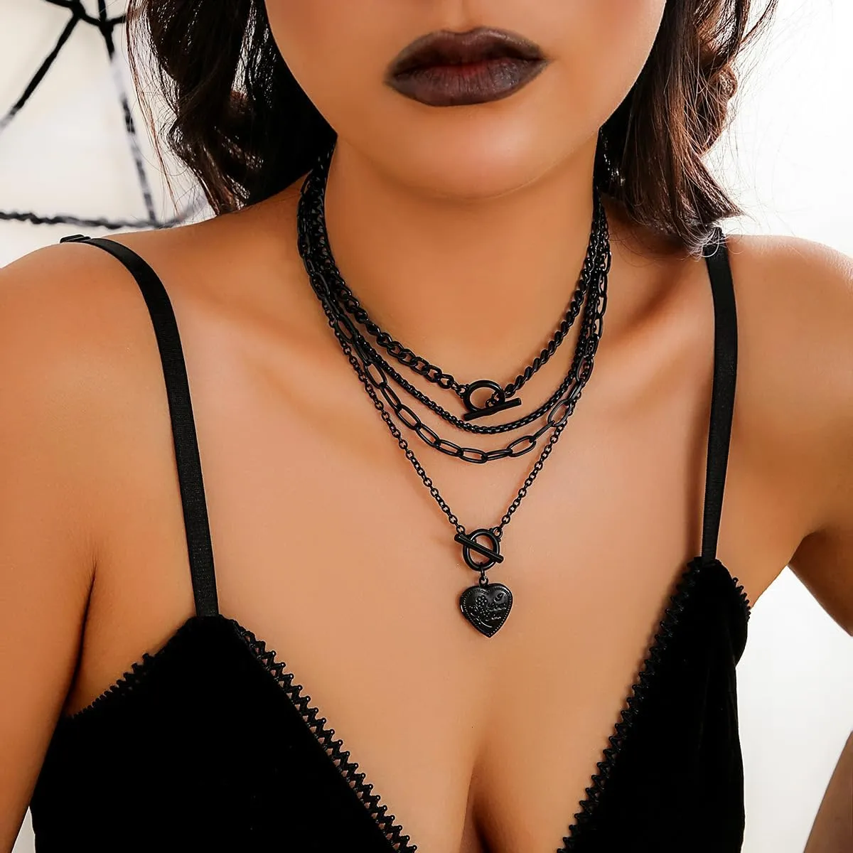 Gothic Moon Necklace Layered Black Star Necklace Punk Gothic Heart Long Necklace Halloween Necklace Multilayered Stacked Necklace for Women