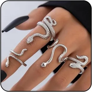 Gothic Snake Ring Set - Adjustable Gold & Silver Snake Rings for Women - Animal Serpent Punk Jewelry