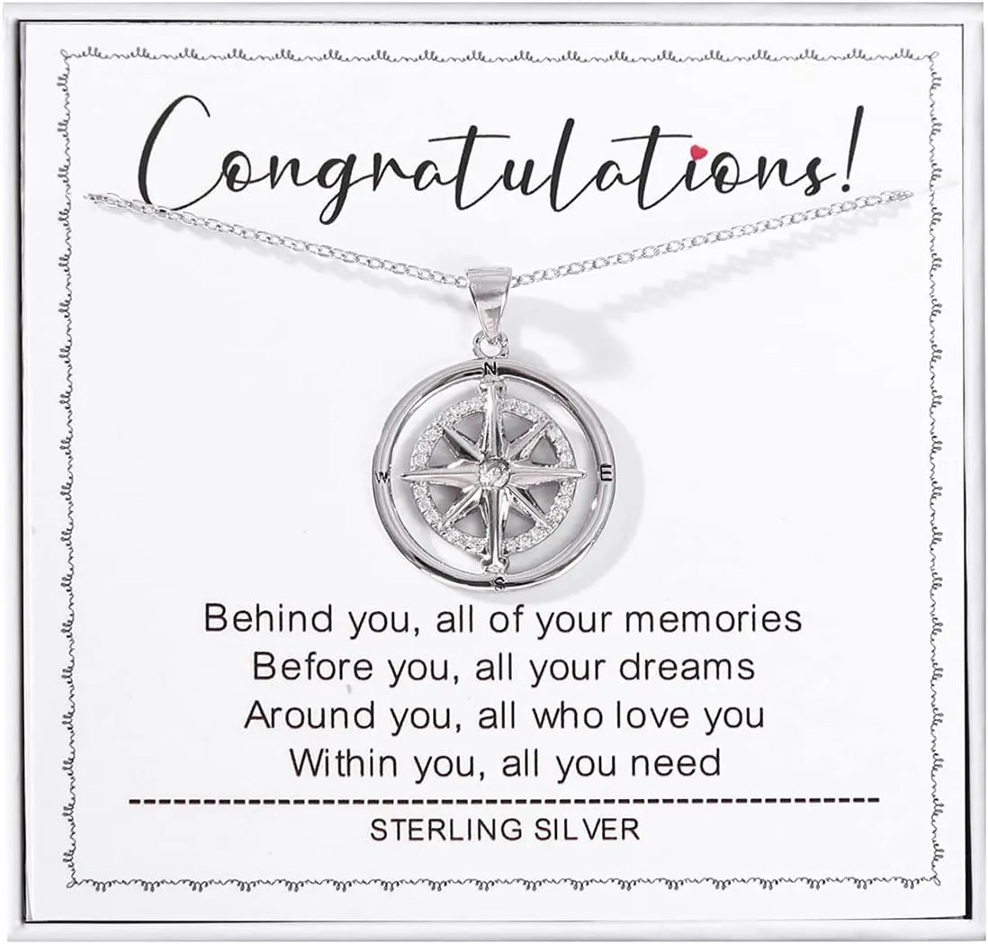 Graduation Gifts for Her, Sterling Silver compass Necklace Pendant, Necklaces for Women, College, High School Graduation Necklace
