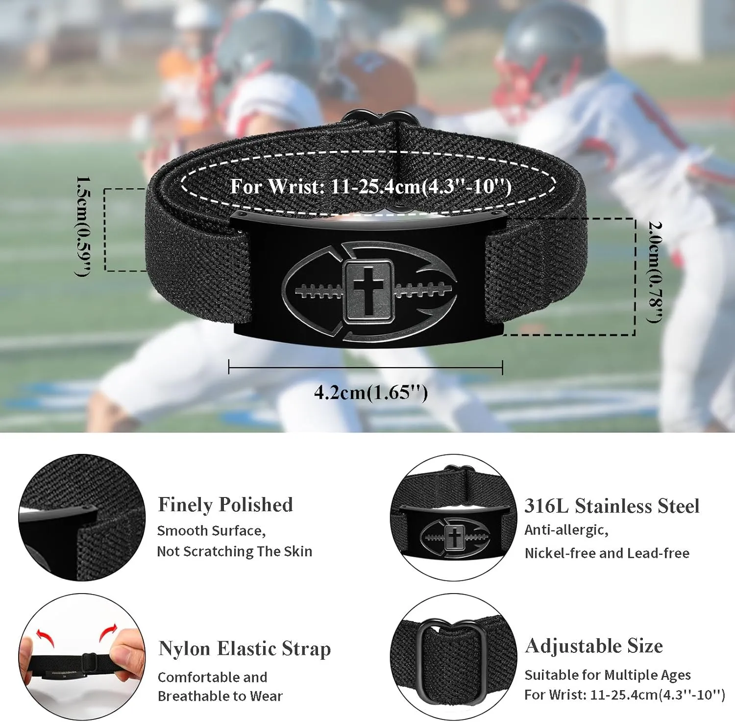 Graduation Gifts for Him Bracelets for Men Boys Football Cross Bracelet Elastic Strap Stainless Steel Adjustable Bible Verse Bracelets Baptism Christian Jewelry Graduation Gifts