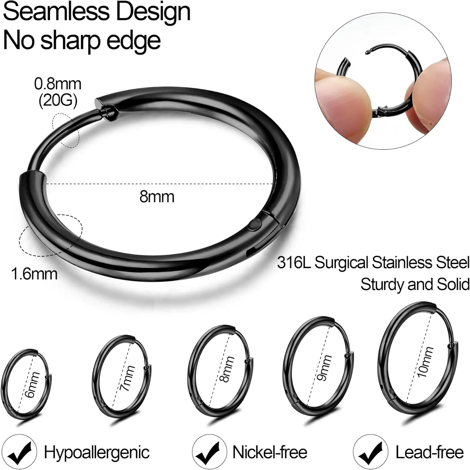 HAIAISO 5 Pairs Small Hoop Earrings Set for Women Men 316L Stainless Steel Huggie Earrings 1.6MM Tube Tiny Cartilage Helix Earrings Hoop Silver Gold Hoop Earrings for Multiple Piercing Jewelry 6/7/8/9/10MM