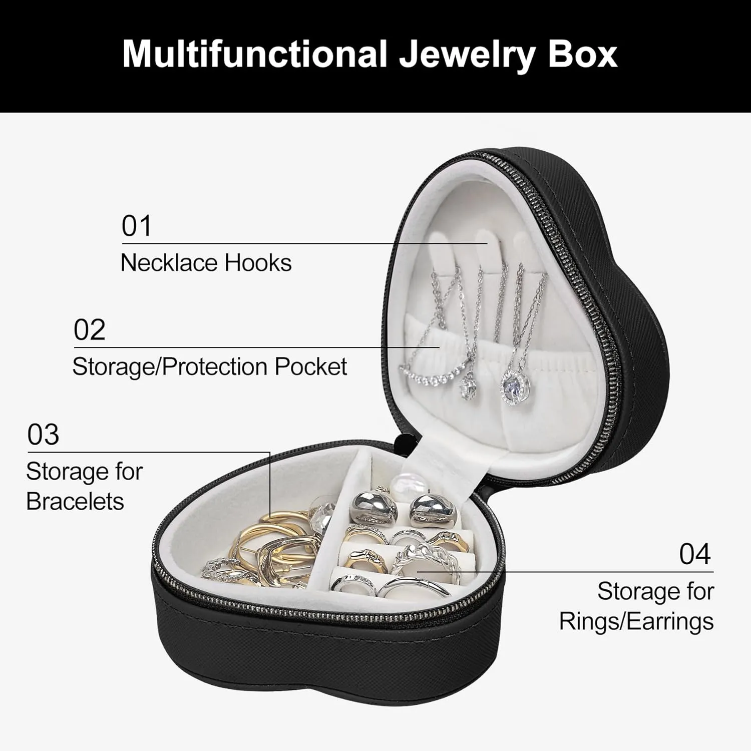 Heart-Shaped Small Jewelry Box Travel Jewelry Case Girls Mini Box for Rings Earrings Necklaces Organizing Portable PU Leather Jewerly Organizer for Women, Black