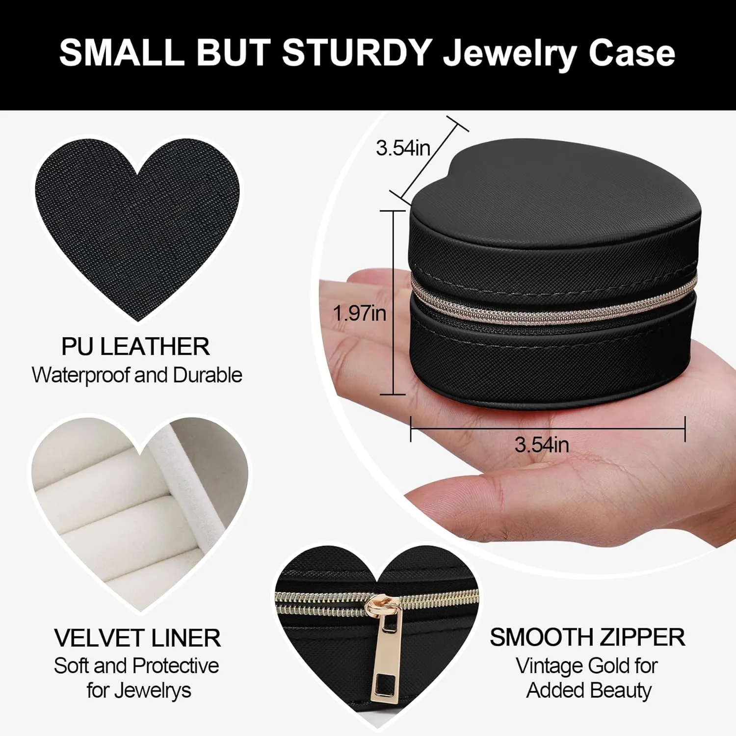 Heart-Shaped Small Jewelry Box Travel Jewelry Case Girls Mini Box for Rings Earrings Necklaces Organizing Portable PU Leather Jewerly Organizer for Women, Black