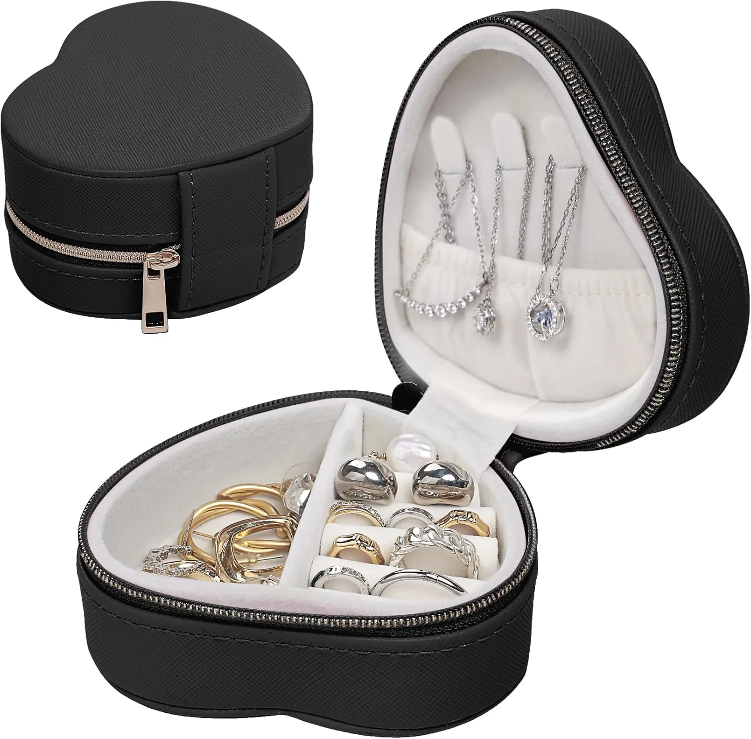 Heart-Shaped Small Jewelry Box Travel Jewelry Case Girls Mini Box for Rings Earrings Necklaces Organizing Portable PU Leather Jewerly Organizer for Women, Black
