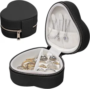 Heart-Shaped Small Jewelry Box Travel Jewelry Case Girls Mini Box for Rings Earrings Necklaces Organizing Portable PU Leather Jewerly Organizer for Women, Black