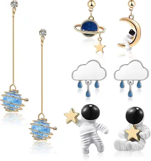 Hicarer 4 Pairs Astronaut Stud Earrings Space Planet Star Moon Dangle Earrings for Women
