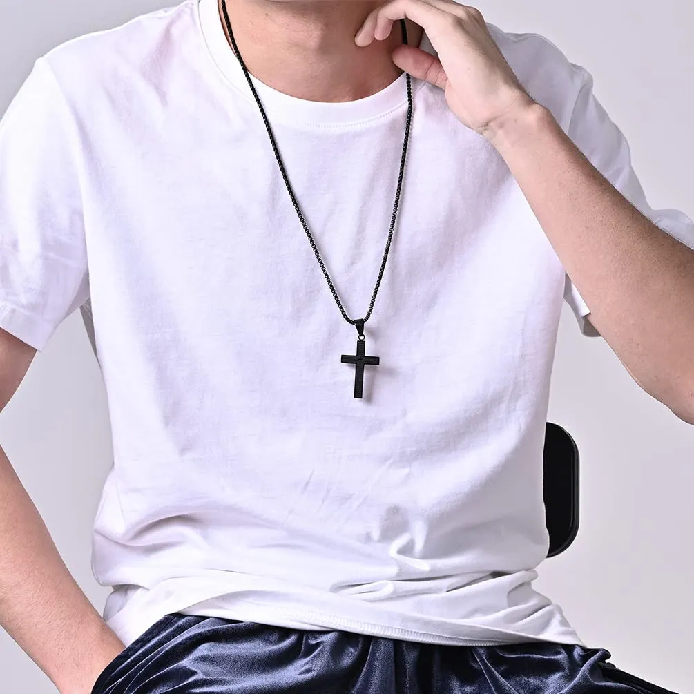 High Polished Black 316L Stainless Steel Cross Necklace Men Women Religious Cross Pendant Jewelry With 3mm Rounded-Box Chain Length 60cm 24inches Lord's Prayer-Carved