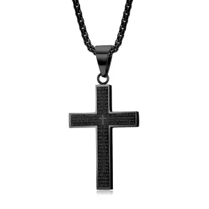 High Polished Black 316L Stainless Steel Cross Necklace Men Women Religious Cross Pendant Jewelry With 3mm Rounded-Box Chain Length 60cm 24inches Lord's Prayer-Carved