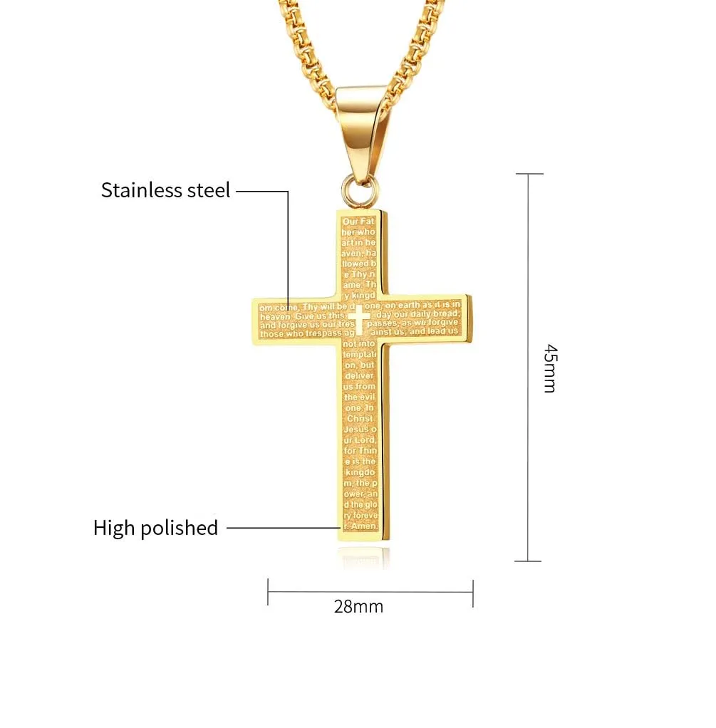 High Polished Black 316L Stainless Steel Cross Necklace Men Women Religious Cross Pendant Jewelry With 3mm Rounded-Box Chain Length 60cm 24inches Lord's Prayer-Carved