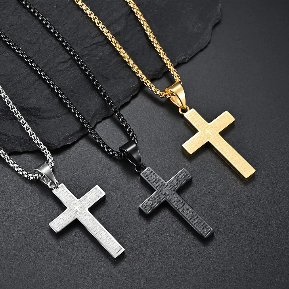 High Polished Black 316L Stainless Steel Cross Necklace Men Women Religious Cross Pendant Jewelry With 3mm Rounded-Box Chain Length 60cm 24inches Lord's Prayer-Carved