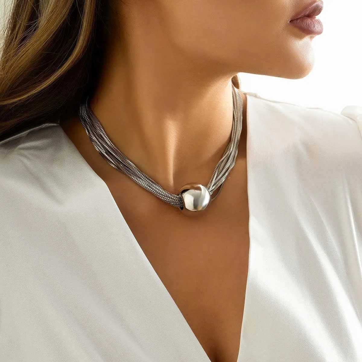 Hip-hop Sphere Pendant Necklace Bracelets Multi-layer Chunky Choker Necklaces Thick Chains Jewelry for Women