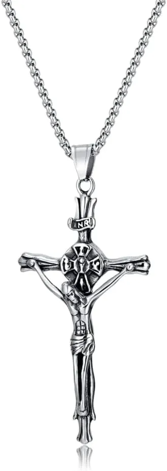 Hip Hop Vintage Mens Stainless Steel Cross Catholic Jesus Crucifix Pendant Necklace