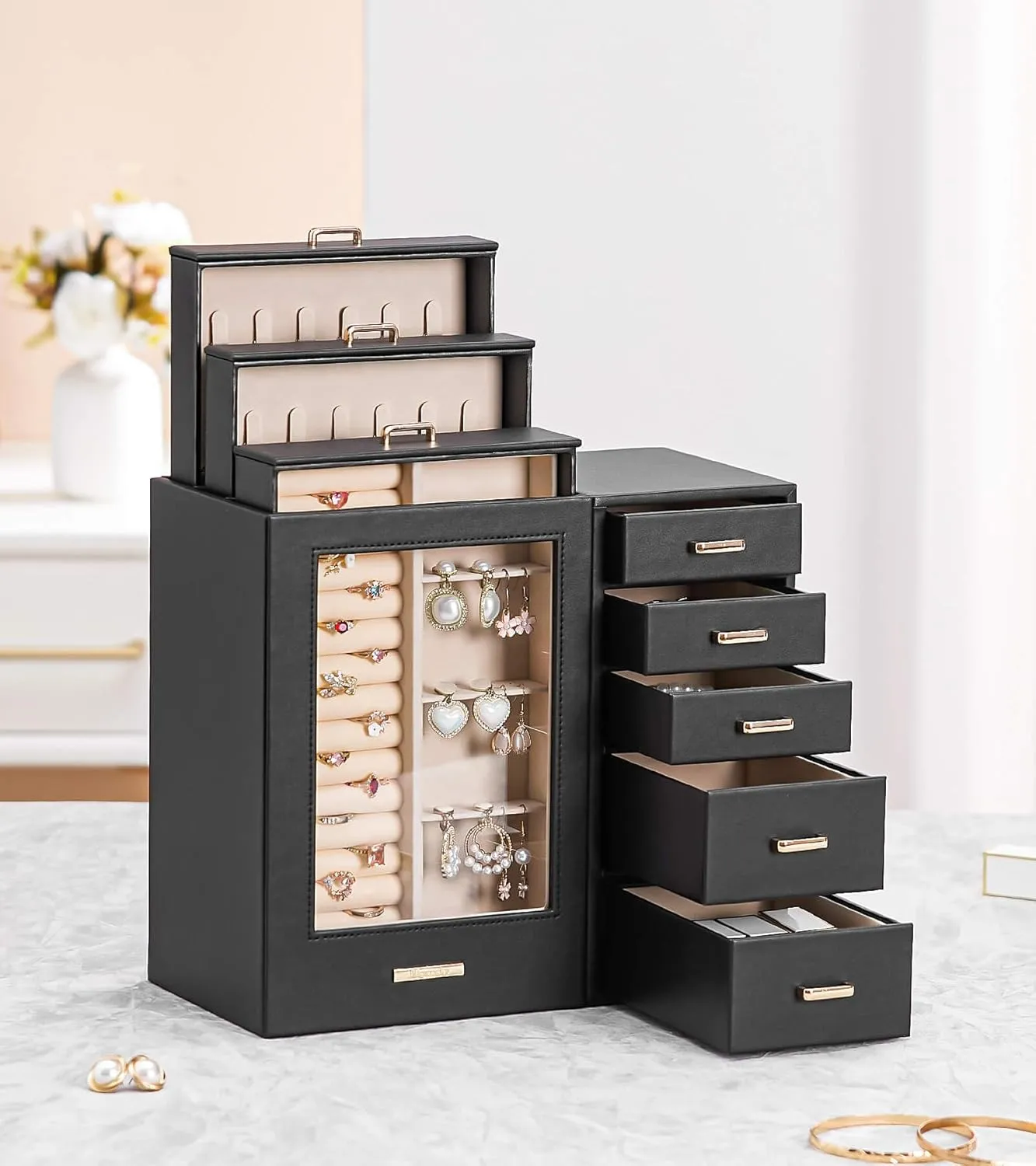 Homde Large Jewelry Box/Organizer/Case with Glass Window, Drawers for Necklaces Earrings Rings Bracelets Watches Gift for Women Girls