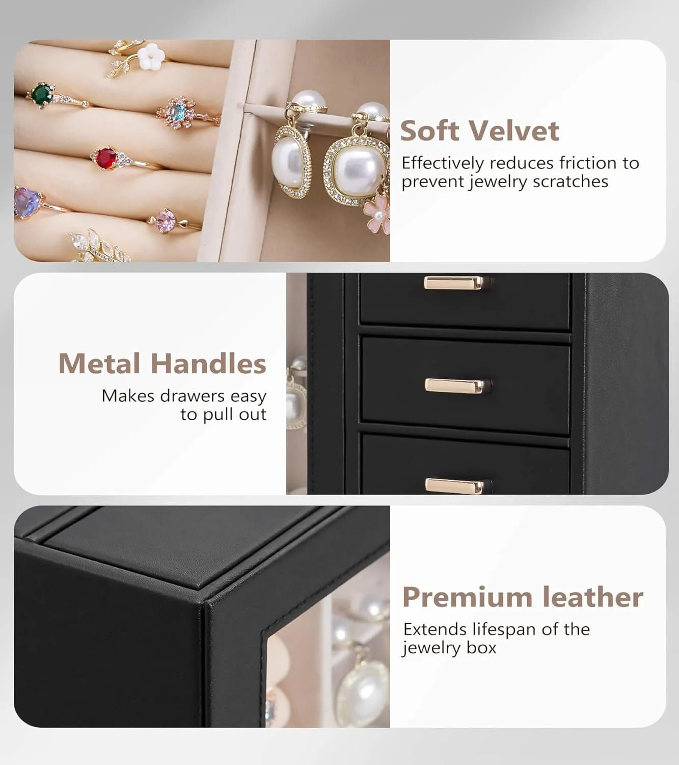 Homde Large Jewelry Box/Organizer/Case with Glass Window, Drawers for Necklaces Earrings Rings Bracelets Watches Gift for Women Girls