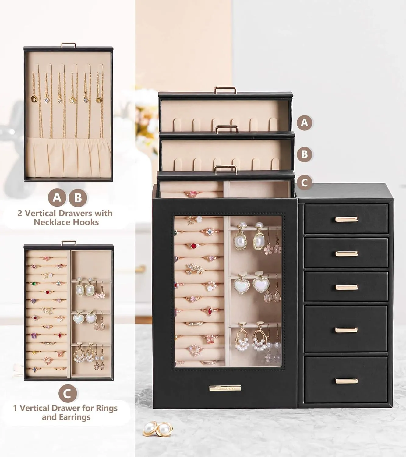 Homde Large Jewelry Box/Organizer/Case with Glass Window, Drawers for Necklaces Earrings Rings Bracelets Watches Gift for Women Girls