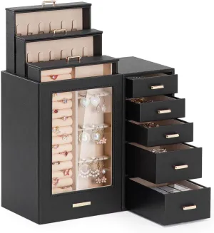 Homde Large Jewelry Box/Organizer/Case with Glass Window, Drawers for Necklaces Earrings Rings Bracelets Watches Gift for Women Girls