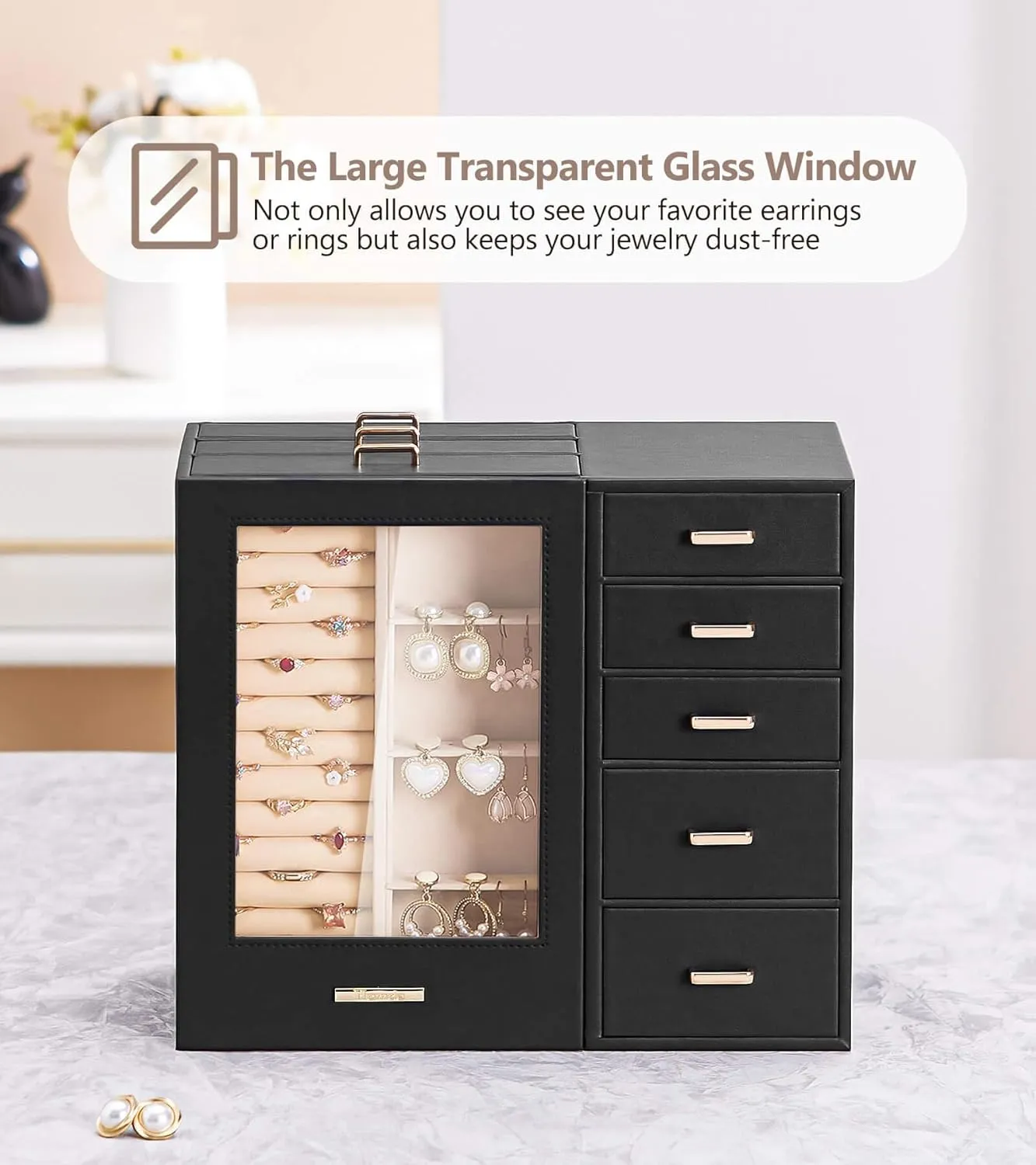 Homde Large Jewelry Box/Organizer/Case with Glass Window, Drawers for Necklaces Earrings Rings Bracelets Watches Gift for Women Girls