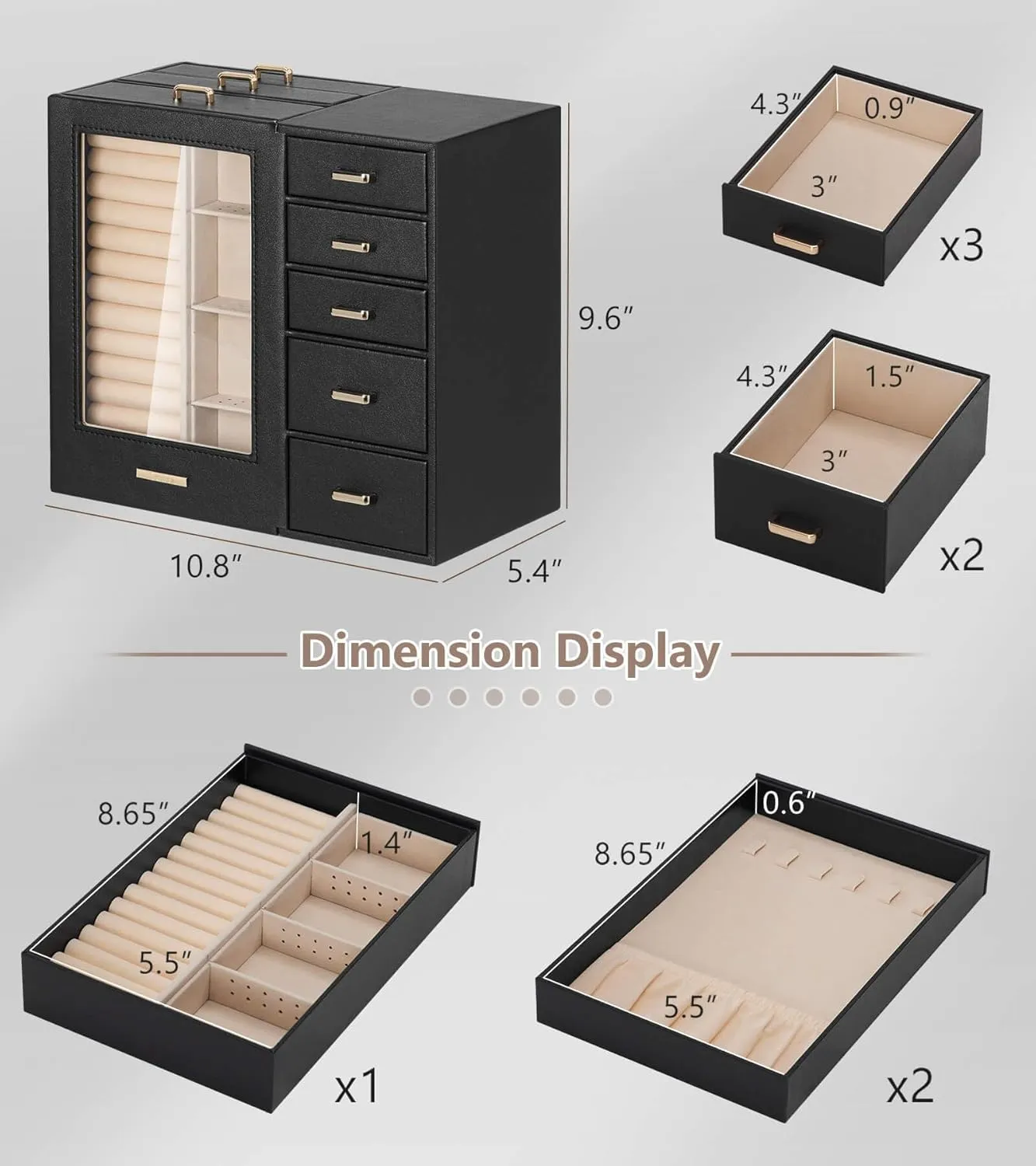 Homde Large Jewelry Box/Organizer/Case with Glass Window, Drawers for Necklaces Earrings Rings Bracelets Watches Gift for Women Girls