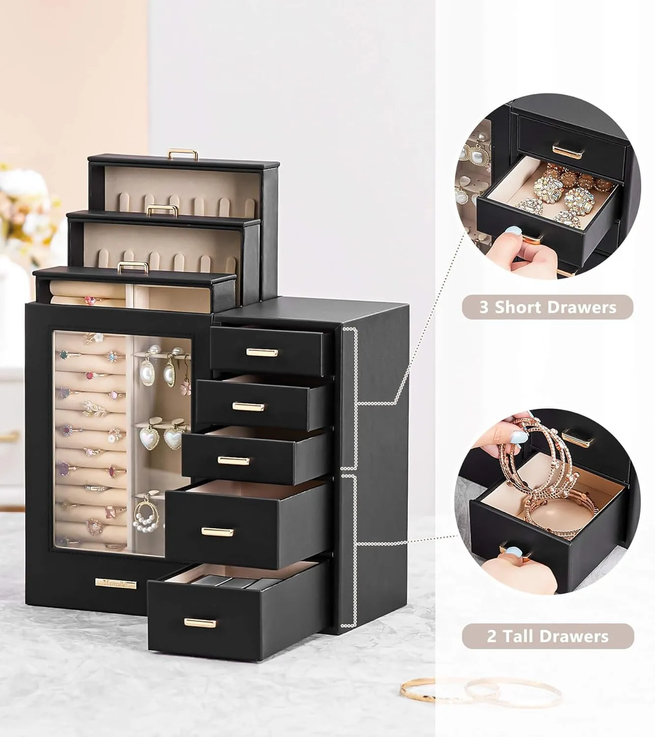 Homde Large Jewelry Box/Organizer/Case with Glass Window, Drawers for Necklaces Earrings Rings Bracelets Watches Gift for Women Girls